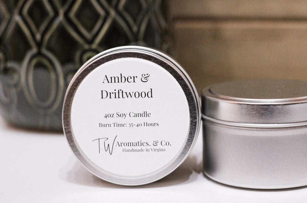Amber & Driftwood | Small Travel Size 4oz Soy Candle - T. W. Aromatics & Co.