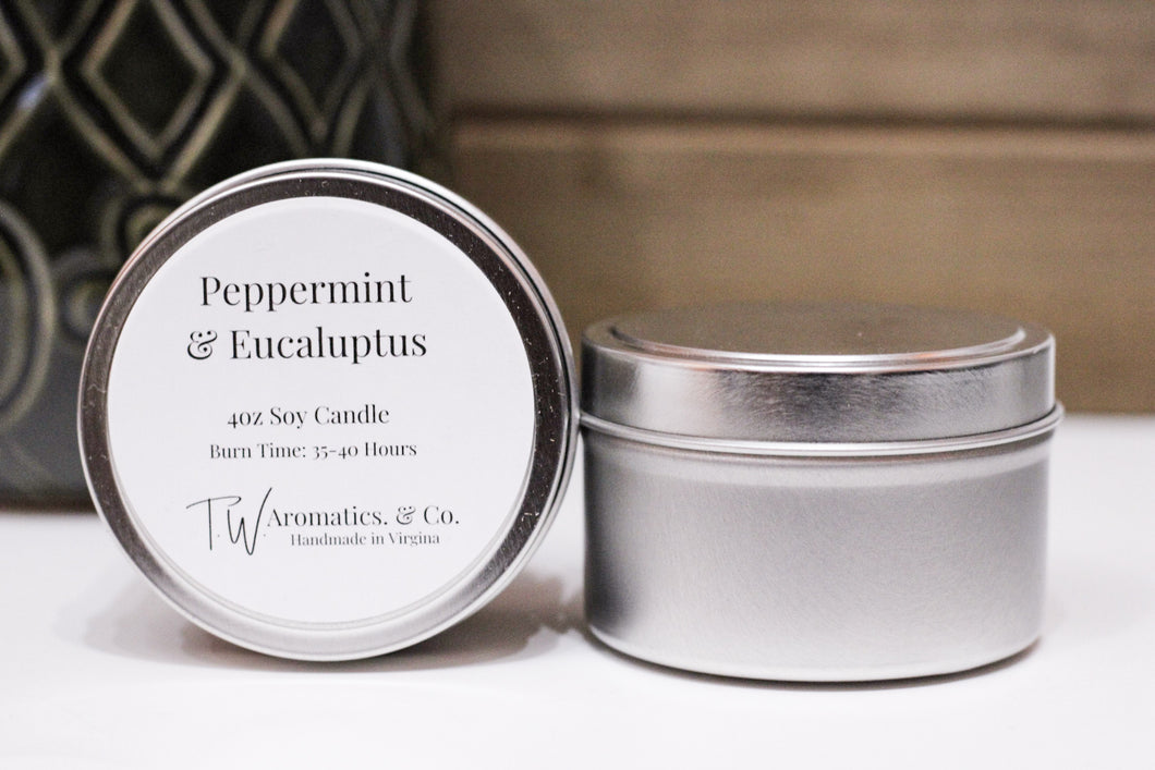 Peppermint & Eucalyptus | Small Travel Size 4oz Soy Candle - T. W. Aromatics & Co.