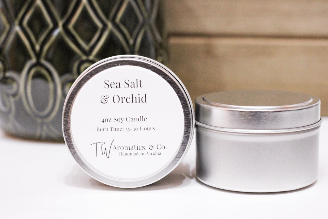 Sea Salt & Orchid | Small Travel Size 4oz Soy Candle - T. W. Aromatics & Co.